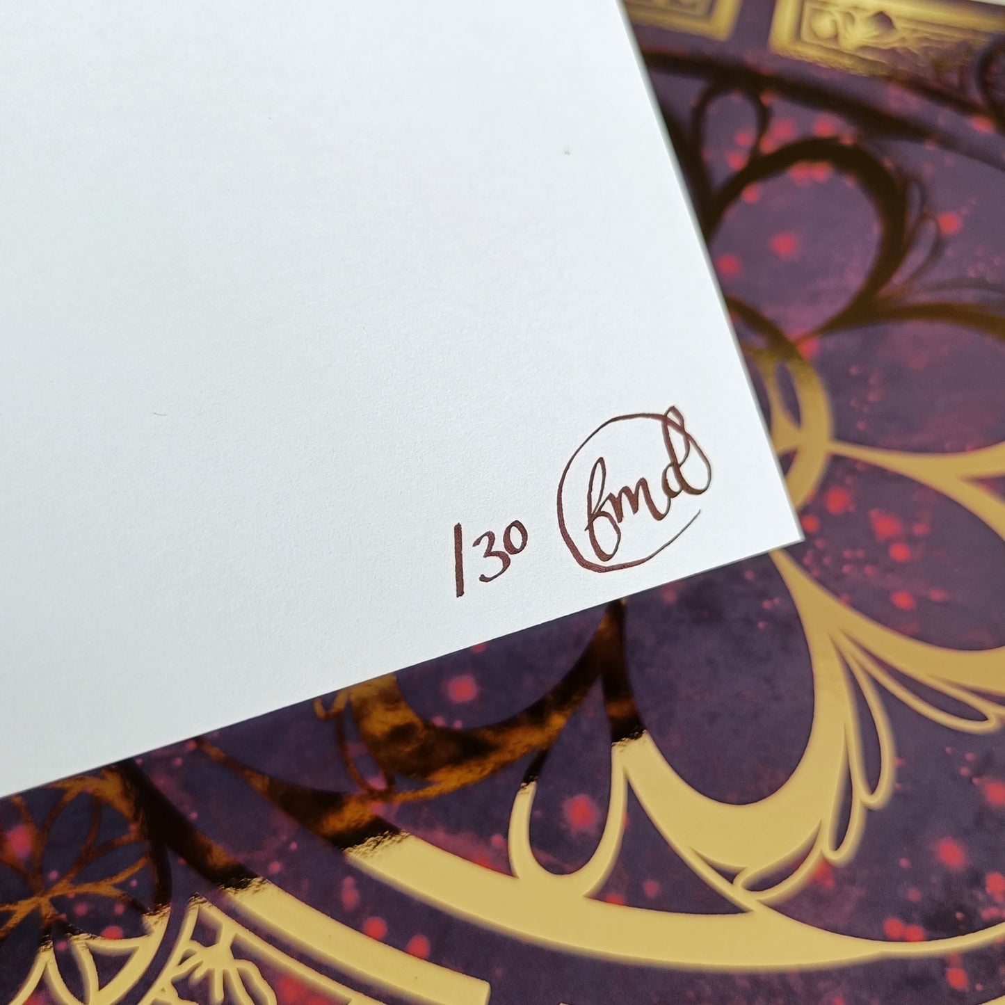 Back of the A5 print showing it is blank white, with hand signed and hand numbered in a redish brown ink. Background of photograph is the same print with gold foil.