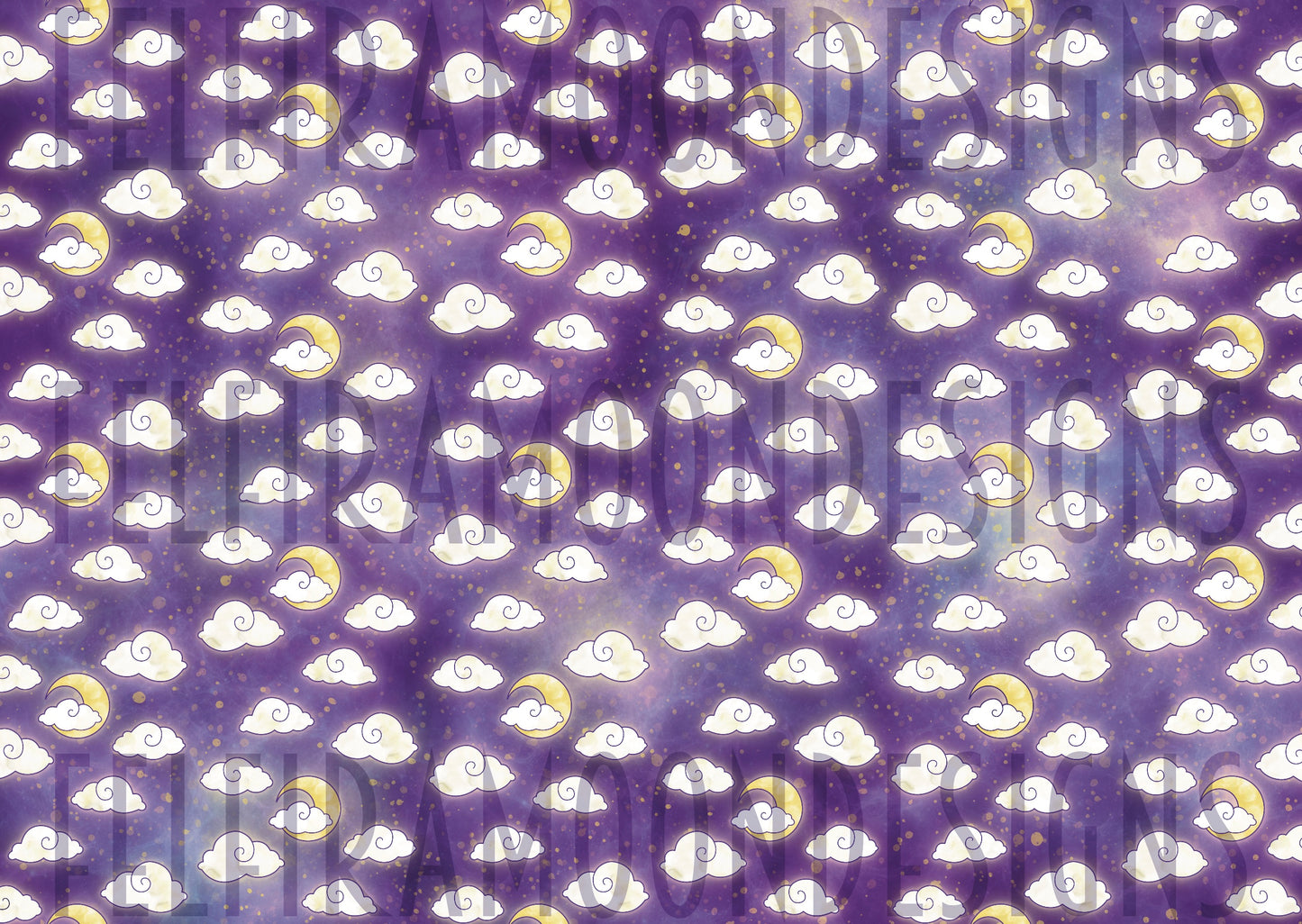 The digital illustration used as the print on the wrapping paper. Wrapping paper is purple with lighter wisps and yellowish splatters. Features a repeating apptern of big fluffy white/cream clouds and yellow moons. Has felfiramoondesigns watermark large on image.
