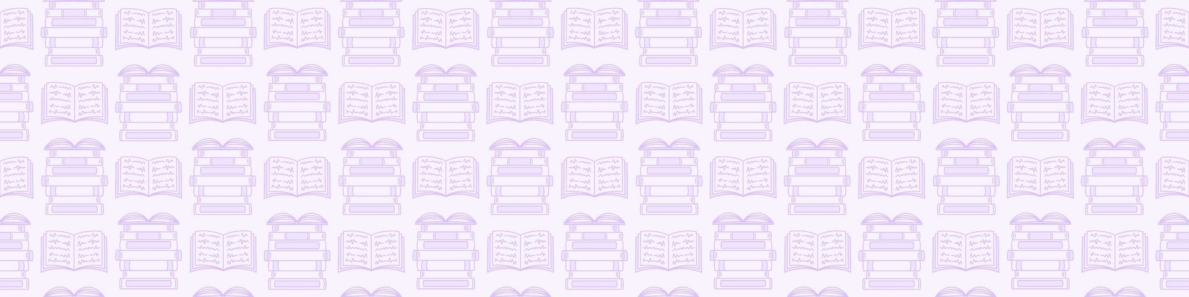 Pastel lilac almost white background with a lilac lineart of books stacked up, spines facing out, with an open book on the top. Lilac lineart of a front facing open book with pages. Lineart is repeated alternating across the image