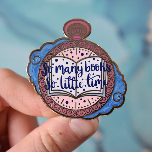 So Many Books Enamel Pin in Gold (Pink/Blue Variant)